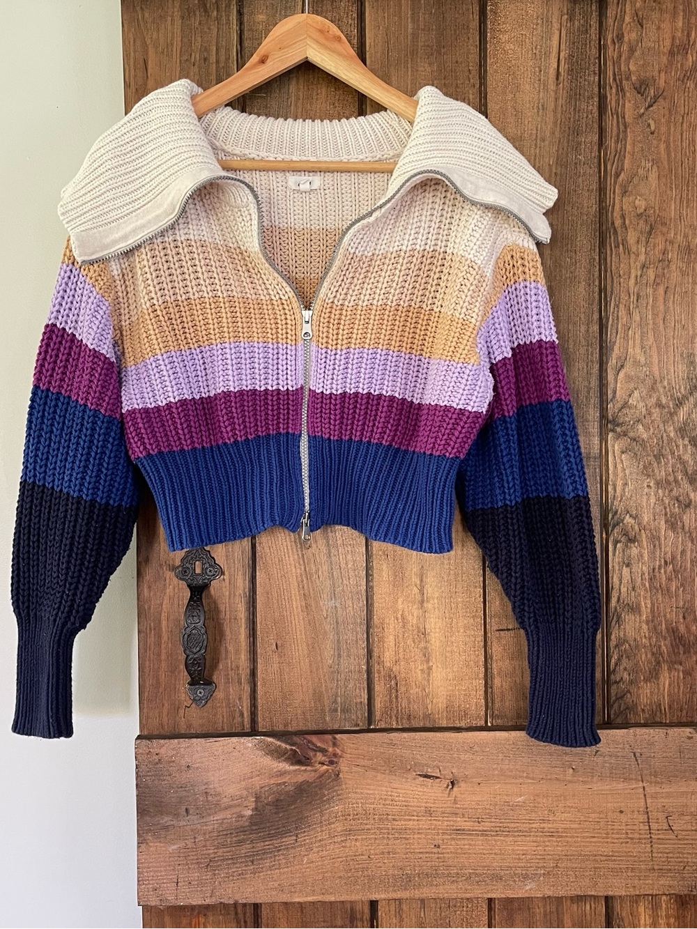 Aerie Striped Double Zip Shawl Collar Cropped Knit Cardigan Sweater Medium